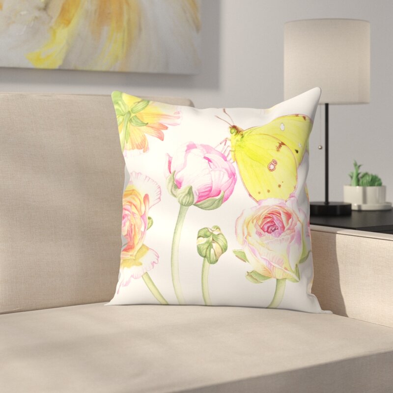 East Urban Home Yellow Butterfly Ranunculus Throw Pillow